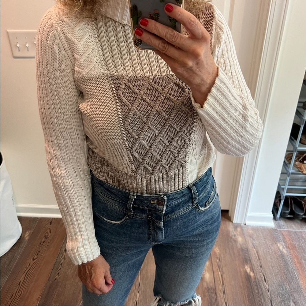 Vintage Patchwork Style Cableknit Turtleneck Crea… - image 4